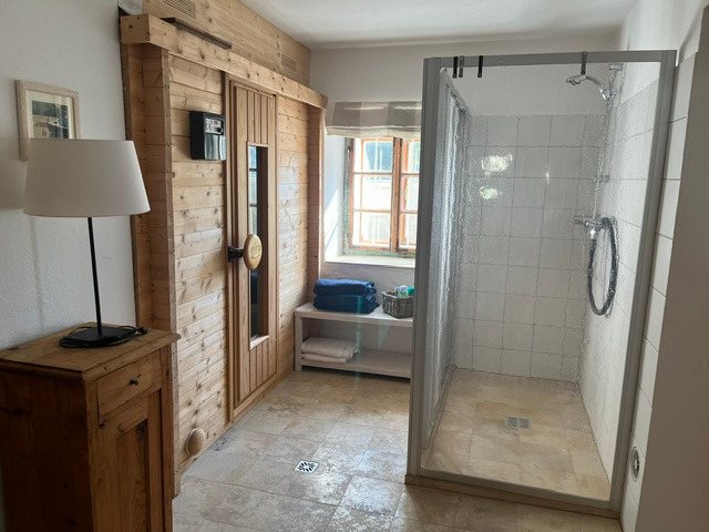 Sauna mit Naturholzverkleidung und Dusche